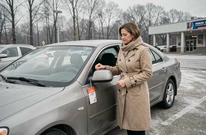 Une femme examine le prix d'une voiture d'occasion dans un parking de concession en hiver, période idéale pour négocier l'achat d'un véhicule