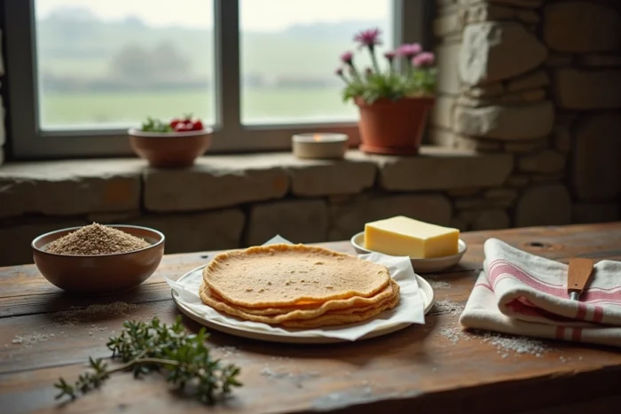 Mise en place artisanale pour la préparation de galettes bretonnes avec farine de sarrasin, beurre demi-sel et sel de Guérande sur table en bois rustique