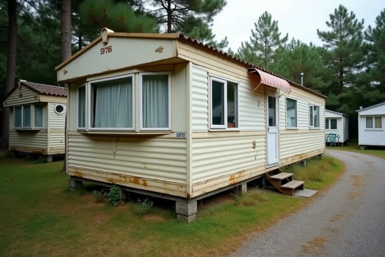 Mobil-home de plus de 20 ans installé dans un camping rural en France, avec panneaux extérieurs vieillis et auvent décoloré