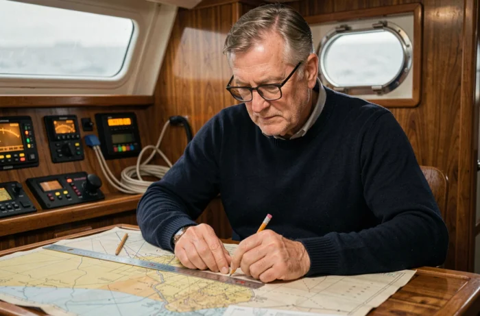 Navigateur français concentré sur ses cartes marines à l'intérieur du cockpit de navigation de son voilier hauturier