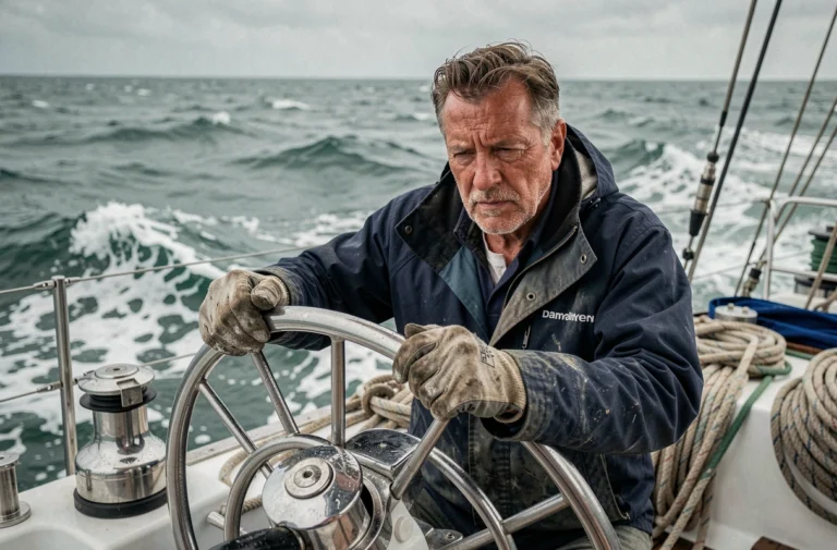 Grand navigateur français à la barre de son voilier en pleine mer, regard déterminé et veste de mer usée par les éléments