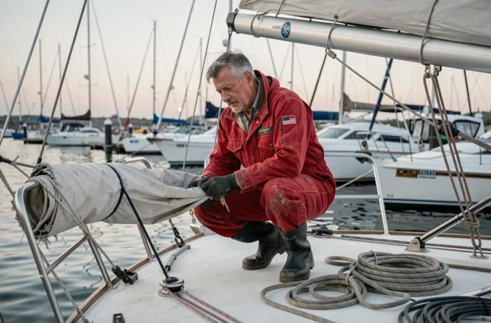 Navigateur expérimenté inspectant le gréement de son voilier dans un port de plaisance au petit matin avant le départ