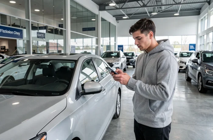 Jeune homme utilisant son smartphone pour naviguer sur le site DreaMotors dans un showroom automobile