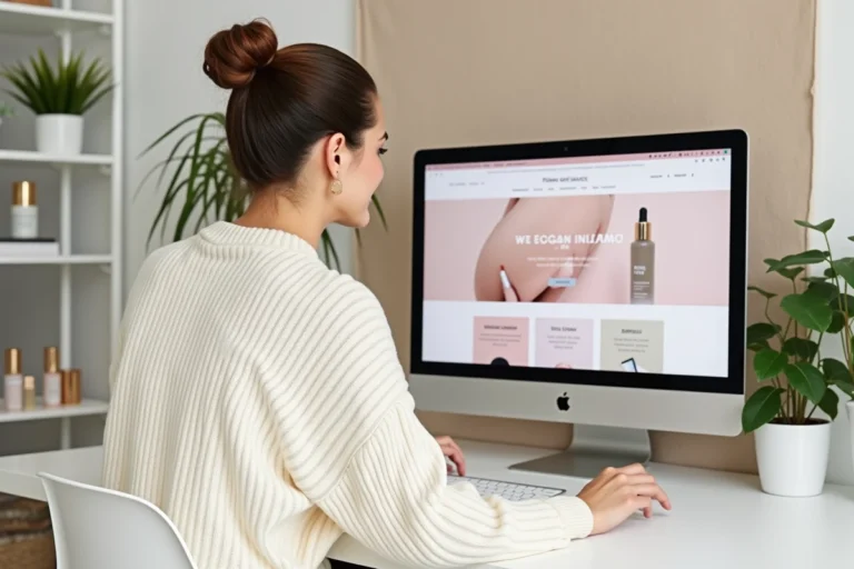 Femme naviguant sur un site de beauté avec un sitemap structuré affiché sur un écran d'ordinateur dans un bureau minimaliste