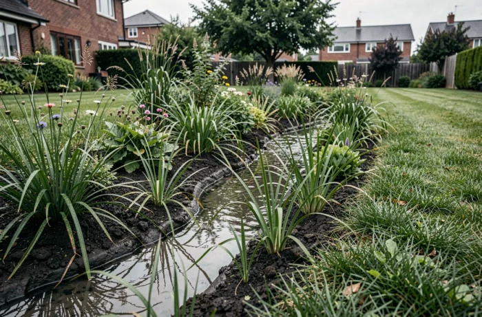 Noue paysagère avec plantes hygrophiles gérant l'eau de pluie dans un jardin résidentiel