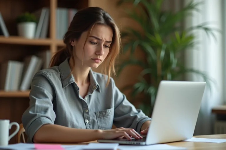 Nouvelle hôte Airbnb assise à son bureau à domicile, scrutant des documents avec une expression concentrée, illustrant les erreurs courantes dans la gestion d'un compte hôte
