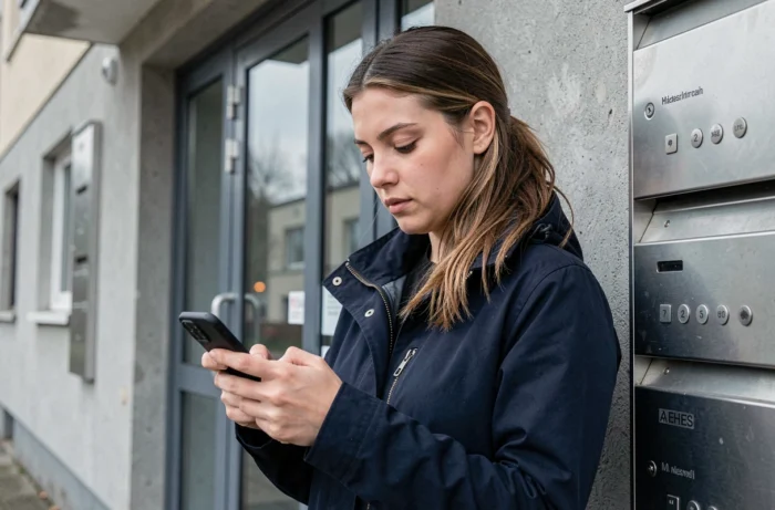 Jeune femme consultant son smartphone pour trouver le numéro du service client CDC Habitat devant un immeuble
