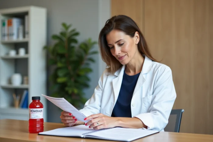 Nutritionniste analysant l'étiquette nutritionnelle d'une bouteille de Powerade dans un cabinet médical, représentant l'avis d'experts sur les boissons sportives