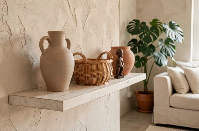 Étagère décorée d'objets artisanaux du monde entier dans un salon scandinave épuré