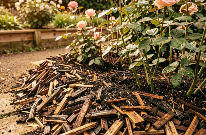 Paillage épais en copeaux de bois autour de plantes vivaces pour conserver l'humidité du sol
