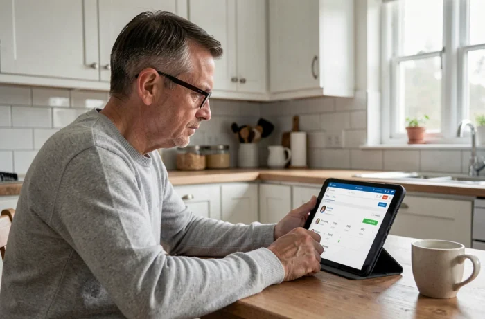 Parent d'élève consultant l'ENT Somme sur une tablette depuis la cuisine familiale