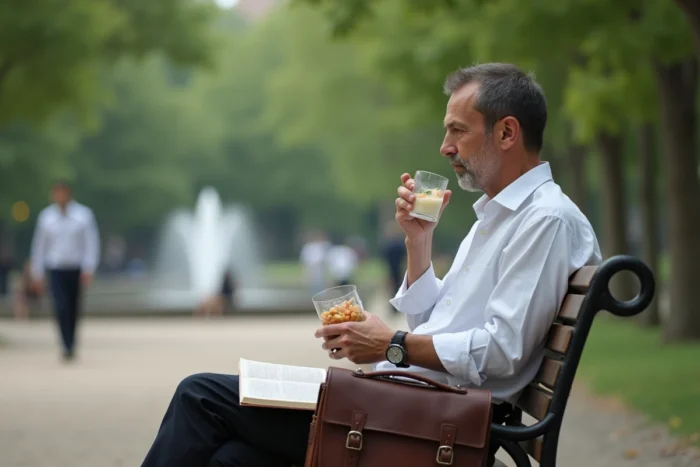 Homme profitant d'une pause déjeuner dans un parc pendant ses heures de travail