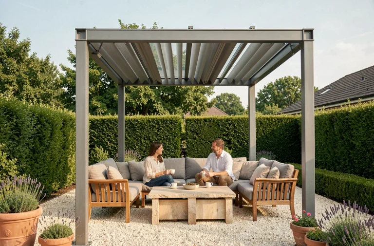 Couple profitant d'une pergola bioclimatique à lames orientables en aluminium dans un jardin contemporain aménagé avec mobilier en teck et jardinières en terre cuite