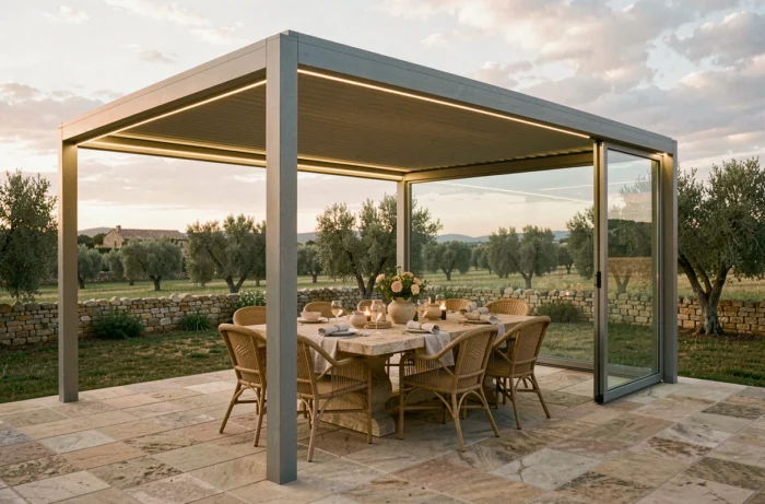Pergola bioclimatique autoportante sur terrasse en pierre de style provençal avec table de repas extérieure dressée, lames fermées et panneau vitré coupe-vent, paysage de campagne en arrière-plan