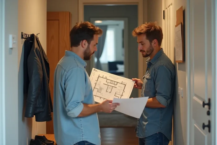Deux colocataires ou partenaires discutant du plan d'un appartement T2 dans l'entrée, planifiant l'aménagement