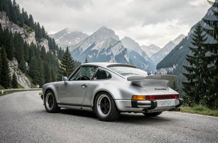 Porsche 911 Carrera RS argentée vintage sur une route de montagne alpine sinueuse, vue arrière trois quarts