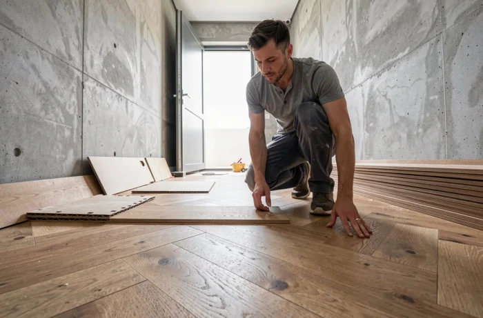 Homme posant un parquet en chêne à chevrons dans le couloir d'un appartement en rénovation