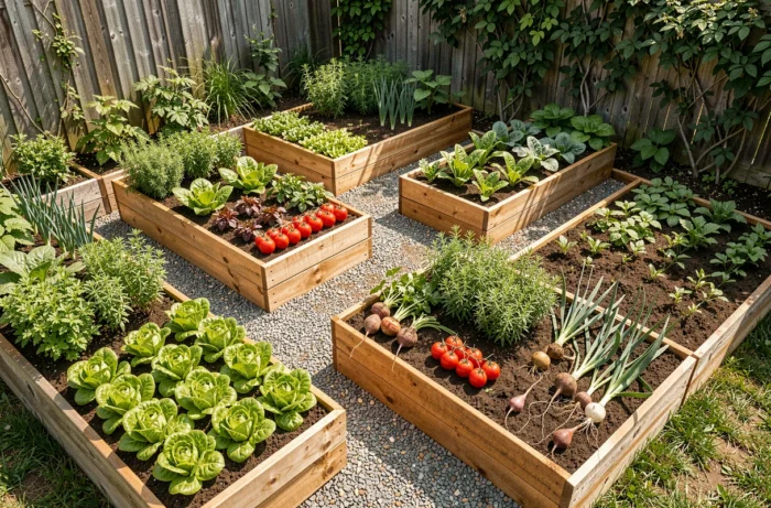Potager structuré en quatre carrés surélevés en bois avec légumes et herbes aromatiques variés