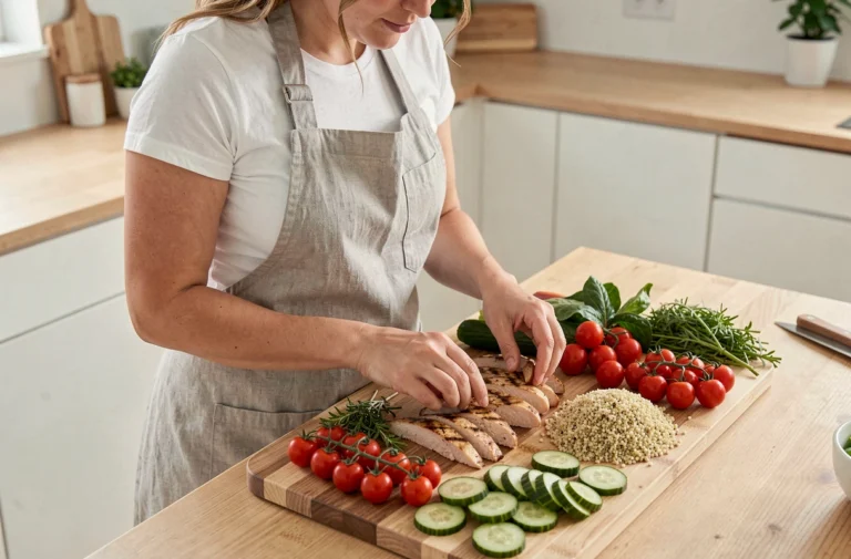 Femme préparant des repas équilibrés avec des légumes frais et du poulet grillé dans une cuisine moderne pour un programme minceur