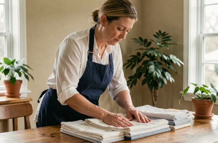 Prestataire de services à domicile pliant du linge dans un intérieur propre et accueillant