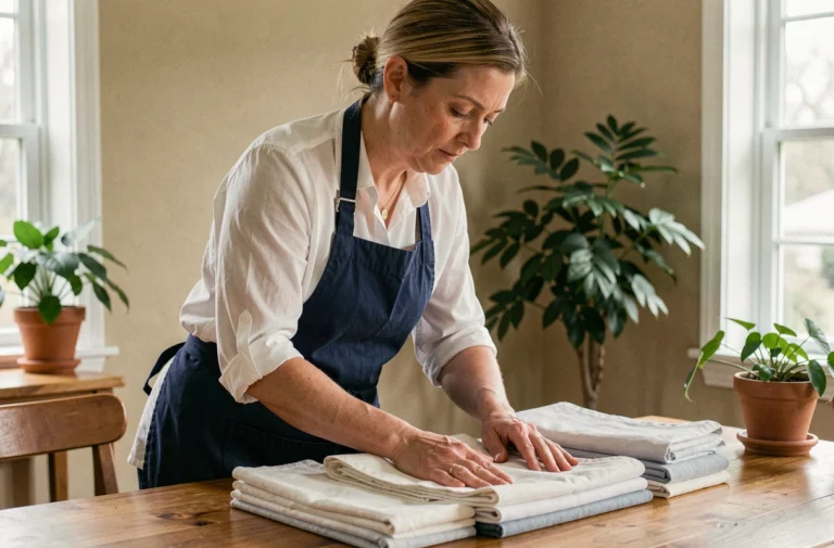 Prestataire de services à domicile pliant du linge dans un intérieur propre et accueillant