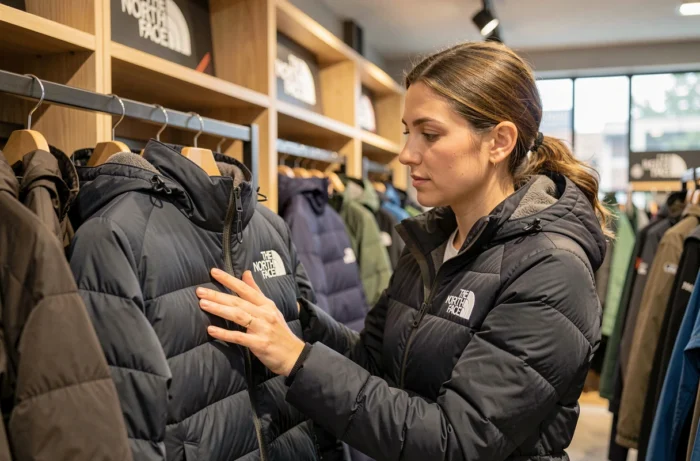 Femme examinant le prix et la qualité d'une doudoune The North Face dans un magasin de matériel outdoor