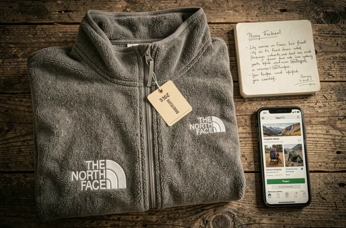 Pose à plat d'une veste polaire The North Face avec étiquette de prix sur table en bois, illustrant le coût élevé des vêtements techniques outdoor