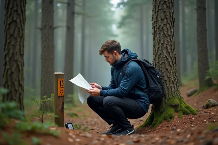 Randonneur comparant carte papier et GPS hors connexion dans une forêt brumeuse
