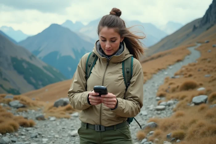 Randonneuse utilisant un GPS hors connexion sur un sentier de montagne isolé