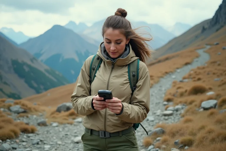 Randonneuse utilisant un GPS hors connexion sur un sentier de montagne isolé