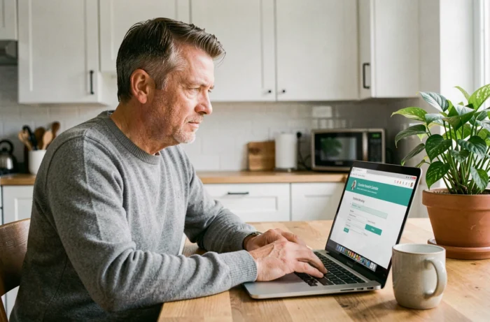 Homme recherchant le contact du service client CDC Habitat sur un ordinateur portable dans sa cuisine