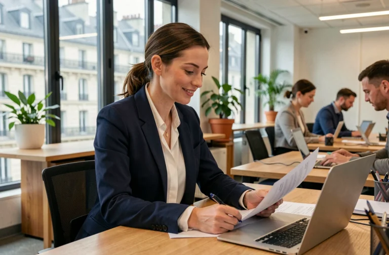 Femme professionnelle travaillant dans un open space moderne à Paris, secteur tertiaire et recrutement 2024