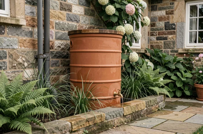 Récupérateur d'eau de pluie en terre cuite intégré dans un jardin avec plantes ornementales et robinet en laiton