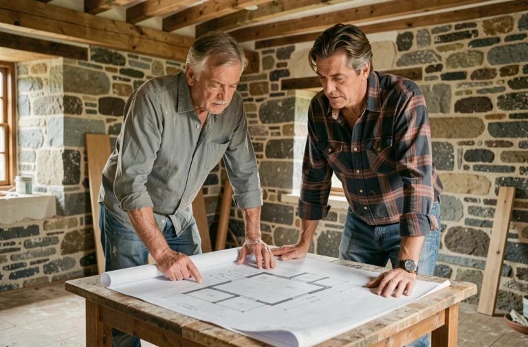 Couple examinant des plans architecturaux dans une maison en pierre bretonne en cours de rénovation