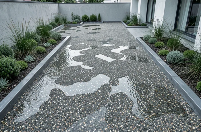 Revêtement drainant en résine perméable pour terrasse et allées de jardin après la pluie