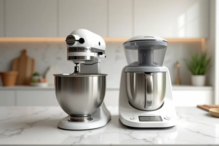 Robot pâtissier et Thermomix côte à côte sur un plan de travail en marbre dans une cuisine moderne