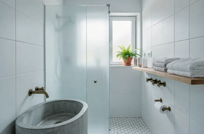 Salle de bain moderne rénovée avec carrelage blanc mat, vasque en béton et robinetterie laiton