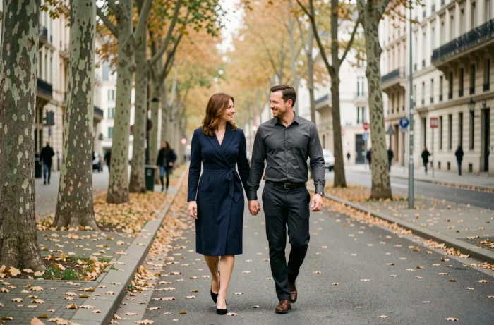 Couple élégant se promenant sur un boulevard arboré en automne, illustrant la vie de couple discrète d'une personnalité médiatique