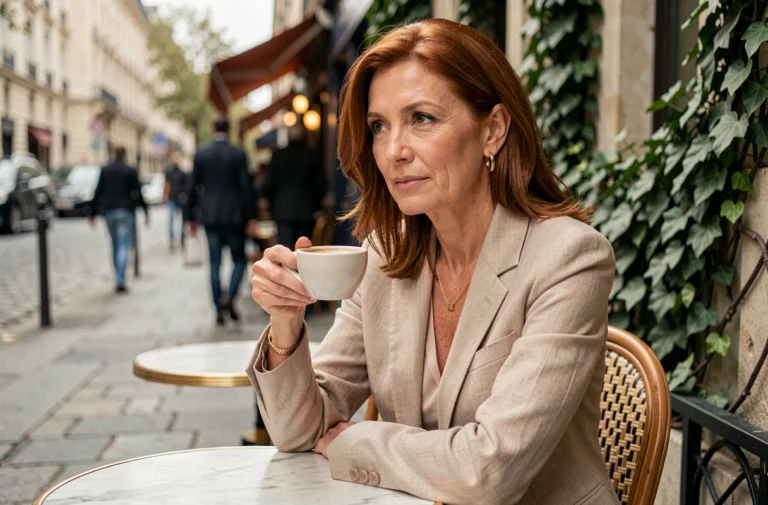 Femme élégante d'une quarantaine d'années attablée dans un café parisien, évoquant la vie privée et la discrétion d'une personnalité publique