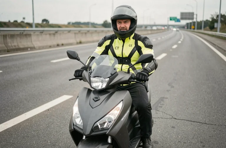 Motard équipé sur un scooter 125cc adapté à l'autoroute, vue trois quarts avant en situation réelle de conduite