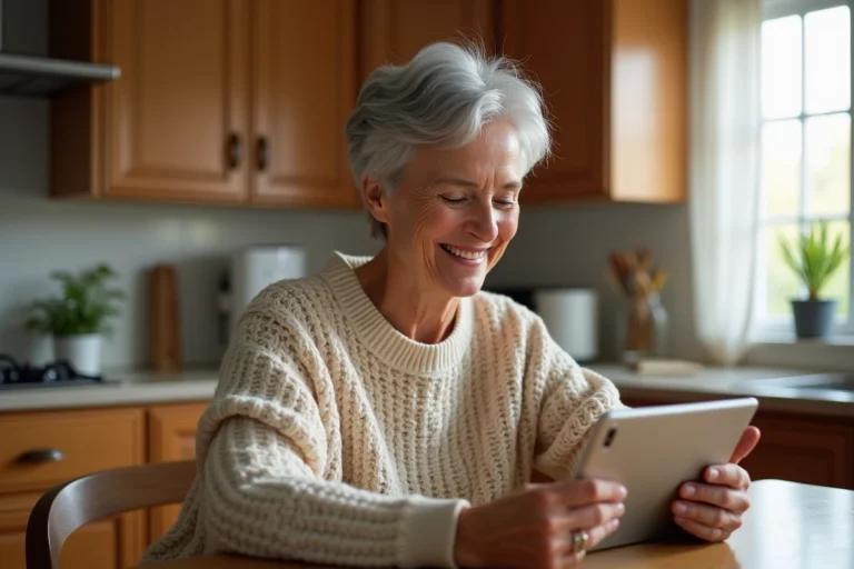 Une femme senior souriante faisant un appel vidéo sur une tablette dans sa cuisine, illustrant la connexion numérique des personnes âgées