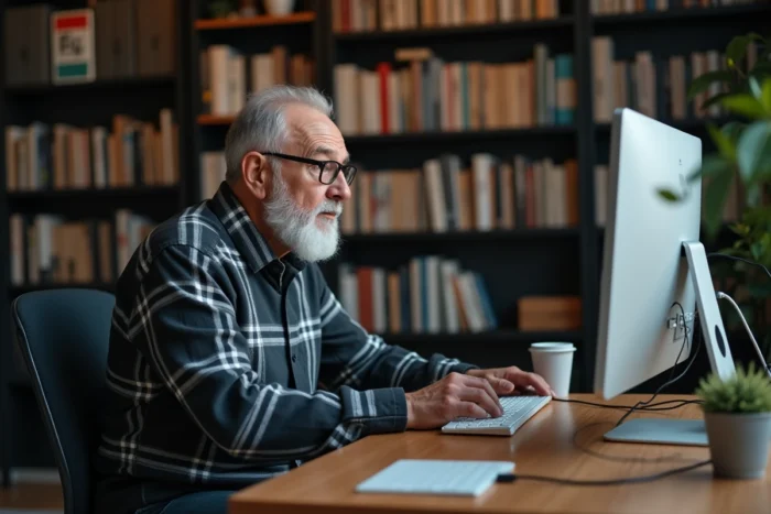Un homme senior concentré lisant des alertes de sécurité sur son ordinateur dans un bureau à domicile, symbolisant la vigilance numérique des aînés