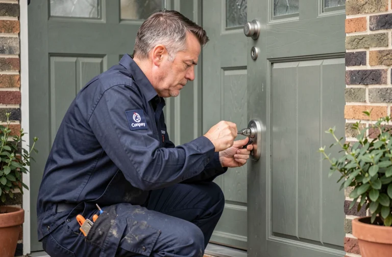 Serrurier professionnel inspectant une serrure de porte d'entrée résidentielle avec des outils spécialisés