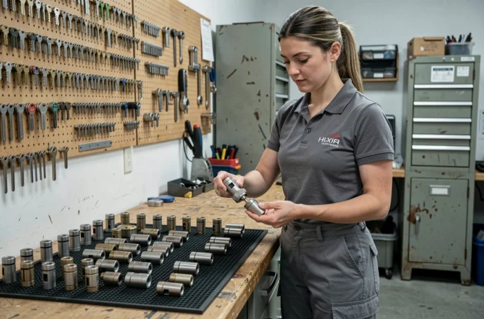 Serruruière examinant une sélection de serrures haute sécurité dans un atelier professionnel