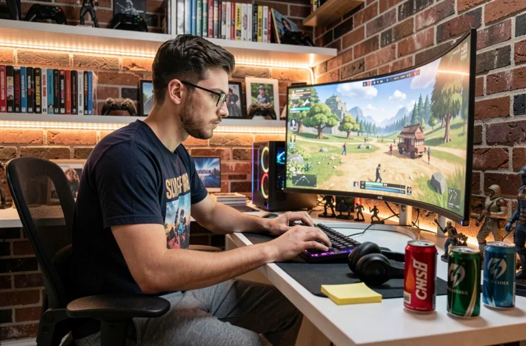 Jeune homme passionné de jeux vidéo concentré devant son setup gaming avec écran incurvé et figurines de collection