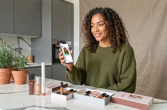 Femme faisant son shopping beauté en ligne sur smartphone entourée de produits cosmétiques déballés