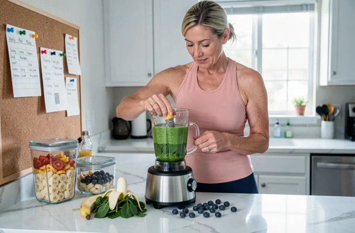 Femme préparant un smoothie vert minceur avec épinards et banane dans une cuisine lumineuse avec plan de repas hebdomadaire organisé