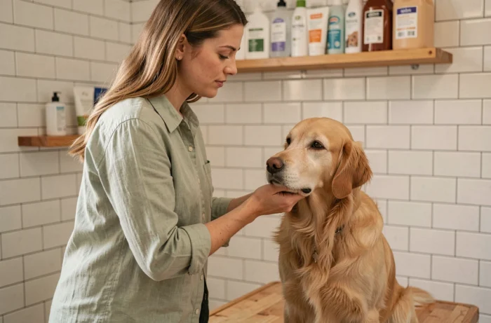 Femme brossant son golden retriever sur une table de toilettage dans une salle de bain domestique lumineuse