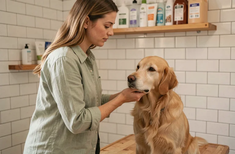 Femme brossant son golden retriever sur une table de toilettage dans une salle de bain domestique lumineuse