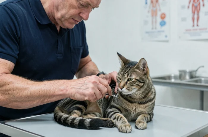 Vétérinaire coupant les griffes d'un chat tigré calme sur une table d'examen dans une clinique vétérinaire